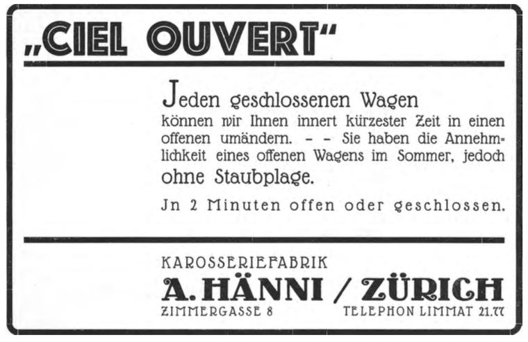 Anzeige von A. Hänni aus dem 1920er-Jahren