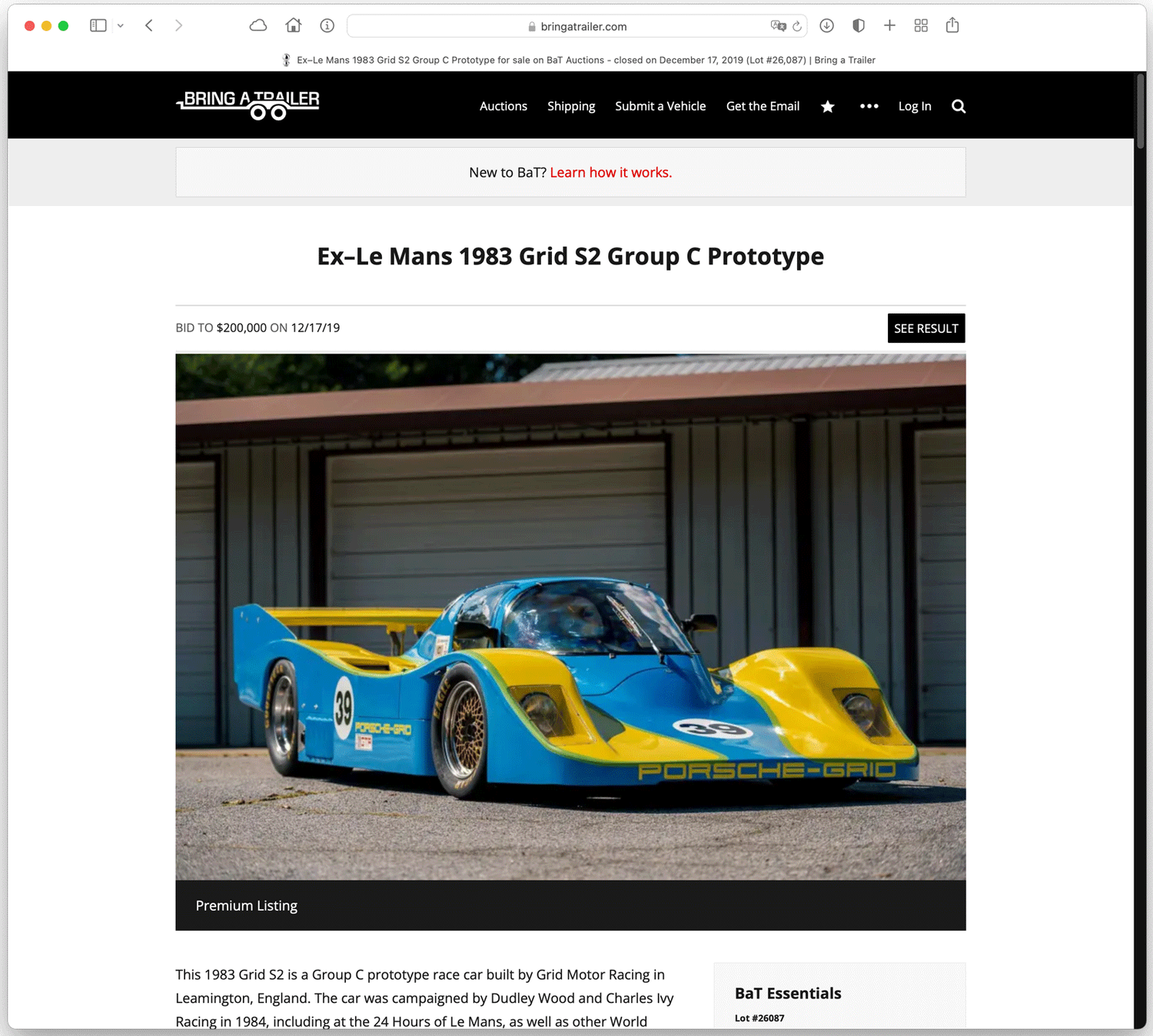 Bildschirmfoto des Angebots bei Bring A Trailer